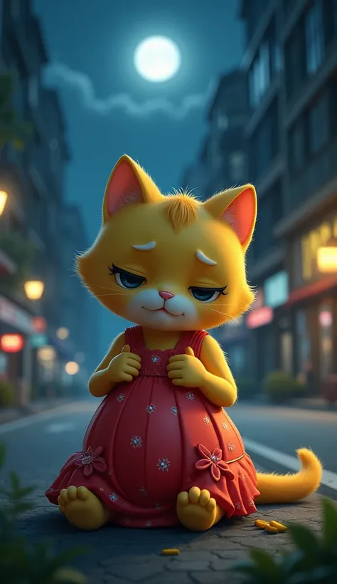 The yellow cat, pregnant and wearing a beautiful red dress with a flower pattern, is sitting by the roadside with tears in her eyes, looking sad in the middle of the night. The moonlight shines down, surrounded by tall shops, and the lights of cars are fla...