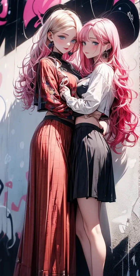  high resolution ,  better quality ,  high detail , HD model,  high quality, full length ,full frame,Two full-length girls, long hair,  pink hair ,  Natural curls , Breasts, earrings,  blue eyes , makeup, scarlet lips,  short checkered skirt ,crop top,hugg...