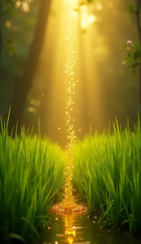 "Create a realistic image showing droplets of Amirtham (nectar of immortality) from the churning of the Paarkadal (Ocean of Milk) gently falling onto a bed of fresh green Arugampul (Bermuda grass). The droplets should radiate a golden glow, symbolizing div...