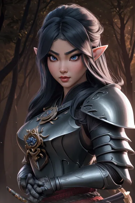 a beautiful busty Asian elf, extremely detailed face, beautiful detailed eyes, beautiful detailed lips, long eyelashes, elegant posture, samurai armor, high fantasy, intricate armor details, glowing katana sword, ninja, dark forest background, dramatic lig...