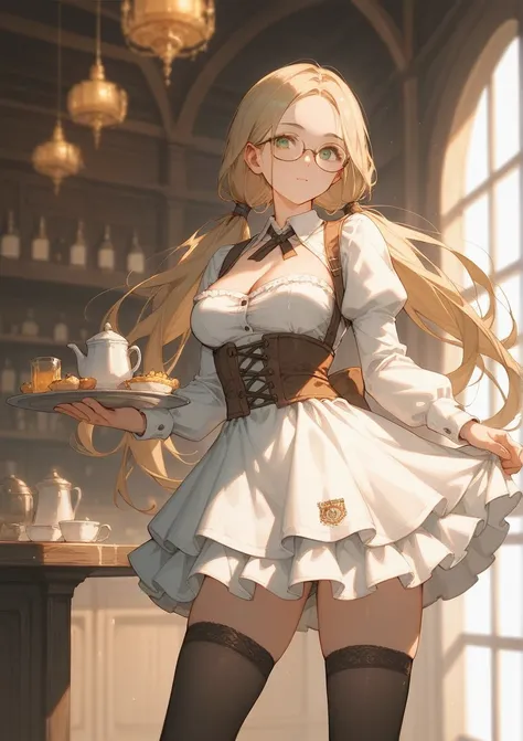 score_9, score_8_up, score_7_up, (solo), dark blonde hair, green eyes, oval glasses, long hair, forehead, waitress, medieval setting, (two long low hair tails), medium breasts, ((expensive clothes)), mini skirt, black stockings, cleavage, 
