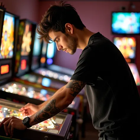  High definition image of a 20-year-old dark-haired man playing pinball and arcade with a tattoo on his arm , Daytime image, he wears a wide and simple black t-shirt and wears ripped black jeans light and shadow on his clothes , City Teresina Piauí well-li...