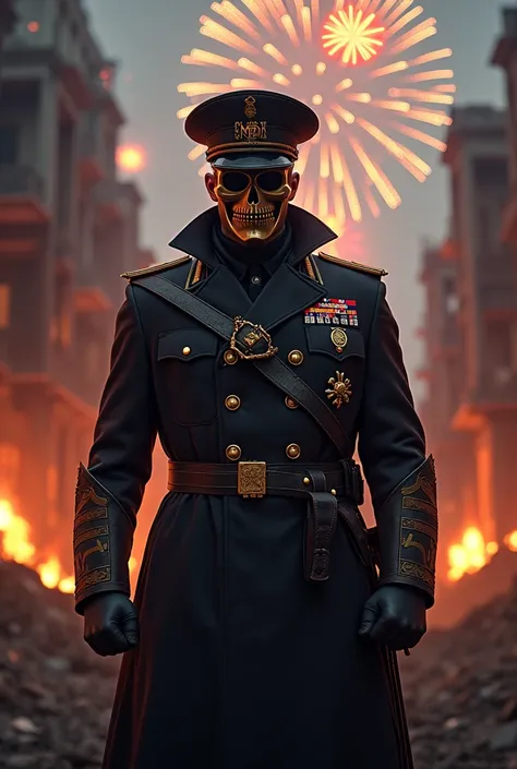  Man wearing a mask from the Mortal Games dressed as a general wearing the acronym CMDX on his generals hat, Ruined background on fire on a night with fireworks .