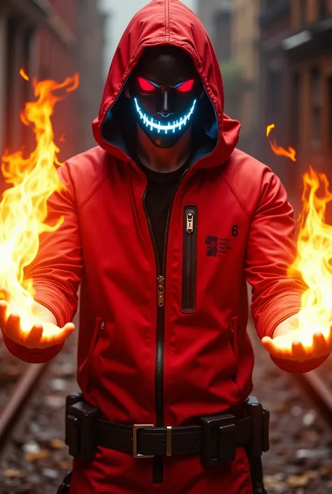 Hero Man with red cyberpunk LED emoji mask,  wearing a hoodie and red cyber suit . fire in the hands, action pose,  looking at the camera, wide angle