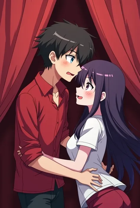 cartoon of a man in a red shirt and a woman in a white shirt and a man in a black, yandere, some red and purple, gapmoe yandere, epic feels, strange poses, rips, in an anime, tickle fight in the death tent, bloody scene, awkward situation, style of madhous...