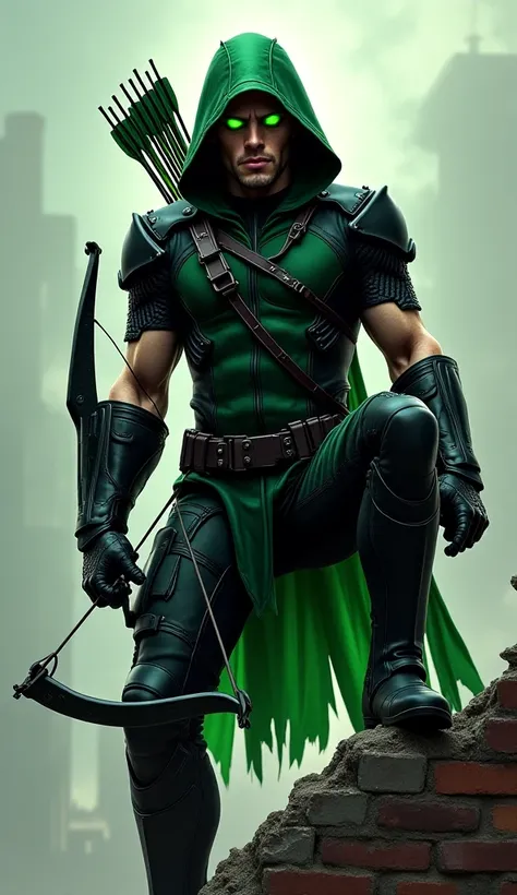 An evil version of Green Arrow perched on a crumbled rooftop. He wears a dark, hooded suit with black and green armor, holding a menacing black bow. His quiver is filled with black-tipped, barbed arrows, and his glowing green eyes reflect his villainous in...