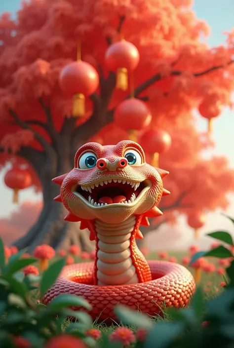 In front of a magnificent Chinese New Year tree, the bright red background is eye-catching. A big snake, its scales shimmering in the sunlight, flew into the clouds, and its eyes widened with joy. Liu Gang wishes everyone a happy New Year. Each word has a ...