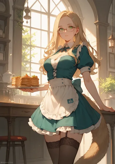 score_9, score_8_up, score_7_up, (solo), dark blonde hair, green eyes, oval glasses, long hair, forehead, waitress, medieval setting, (long low hair tail), medium breasts, ((expensive clothes)), mini skirt, black stockings, cleavage, 
