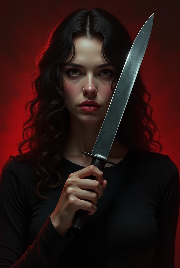  Make one of long curly hair ,  light skin and brown eyes with a knife in your hand. Using a dark color palette ,  such as red and black . 