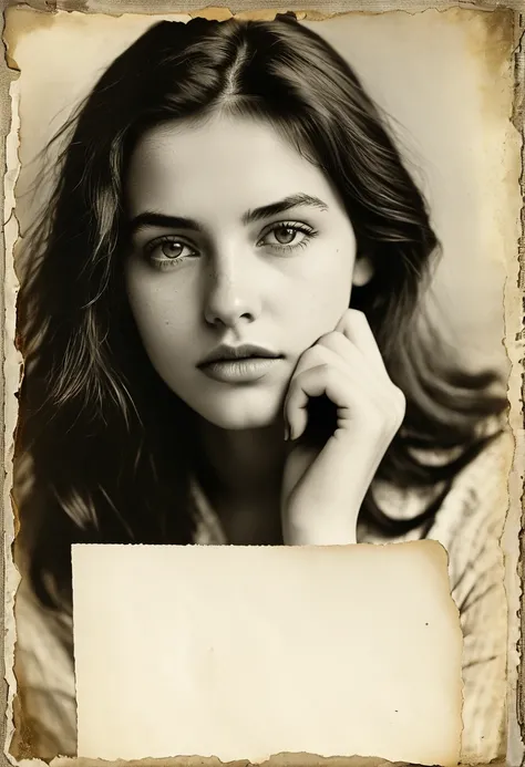 a closeup of a young womans face, pose with her hand on her chin on a piece of paper, realistic old photograph, realistic old photo, grainy damaged photo, on old paper, aged photo, old photo, damaged photo, very old photo, old photo, post grunge portrait, ...