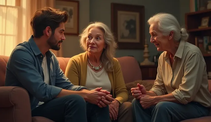 A 28-year-old boy is sitting on the couch and his elderly father and mother are sitting and giving him advice.