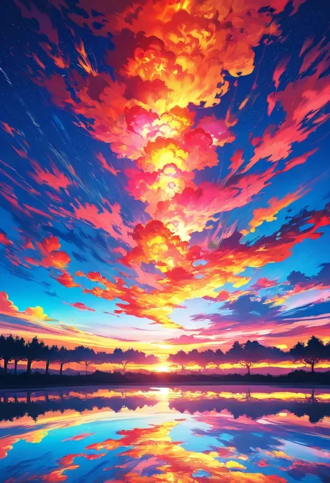 Lake and trees in the background々There is a beautiful sunset with, Colorful sky, Surreal colors, Colorful sunset, Colorful sky, Amazing reflection of the sky, Beautiful sky,  DREAMY ATMOSPHERE 8k ,   colorful clouds  ,  colors reflecting on the lake , Surr...