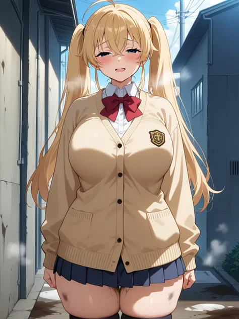 score_9, score_8_up, score_7_up,  source_anime, masterpiece, best quality, anime screencap,source_anime, anatomically correct,
(front view),1girl,solo,bitch, ahoge, black eyes, blonde hair, crossed bangs, hair between eyes, long hair, twintails,school unif...