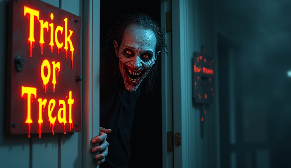 An eerie Halloween scene featuring a ghastly figure with pale blue skin, dark, sunken eyes, and a blood-smeared, sinister grin, peering from behind a doorway. The background has warm orange lighting that contrasts with the figure’s cold tones, creating a c...