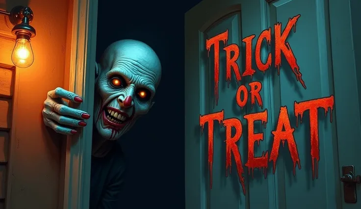 An eerie Halloween scene featuring a ghastly figure with pale blue skin, dark, sunken eyes, and a blood-smeared, sinister grin, peering from behind a doorway. The background has warm orange lighting that contrasts with the figure’s cold tones, creating a c...