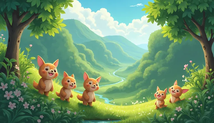  Ghibli style forest valley ，At the foot of the valley, a group of cartoon plant and crop elves are waving at me， the elves are furry like Q version plush toys ，Soft colors heal 。