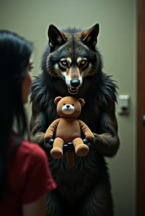 arafed woman holding a stuffed animal in front of a woman, a picture by Ignacio Zuloaga, trending on cg society, auto-destructive art, best jumpscare scene, youtube thumbnail, cutscene footage, top horrible creatures, wolf in hell, the evil within monster,...