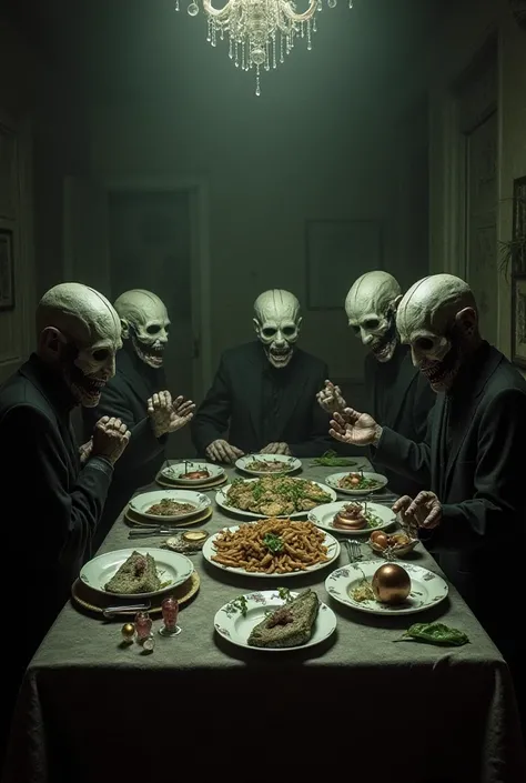 Crea immagine horror di personaggi senza un occhio, one hand, With a disfigured face ,  headless seated at a New Years table.  IN THE DISHES WAR BOMBS 