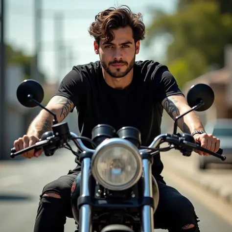 High-definition front image of a 20-year-old dark-haired man with a tattoo on his arm  , Daytime image, he wears a wide and simple black t-shirt and wears ripped black jeans light and shadow on his clothes ,  is riding a Harley Davidson-style motorcycle ci...