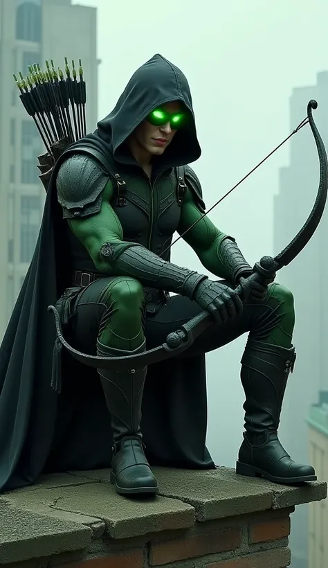 An evil version of Green Arrow perched on a crumbled rooftop. He wears a dark, hooded suit with black and green armor, holding a menacing black bow. His quiver is filled with black-tipped, barbed arrows, and his glowing green eyes reflect his villainous in...