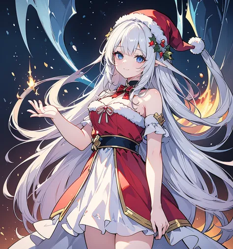 masterpiece,  top quality ,  ultra detail,  illustration, 1 girl,  Watch Viewers ,  top quality , depth of field ,(  closed mouth , Light Smile, blue eyes:1.1),Beautiful detailed light , (Santa costume:1.3),( turn hands to back :1.3),( turn my arms around ...