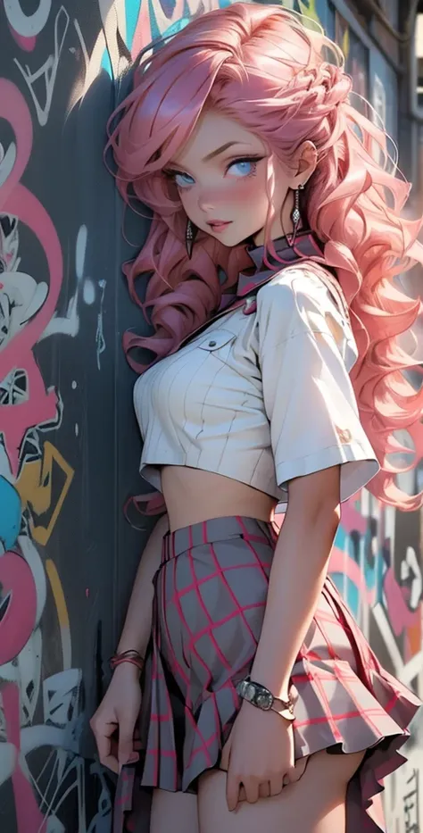  high resolution ,  better quality ,  high detail , HD model,  high quality, full length ,full frame,Two full-length girls, long hair,  pink hair ,  Natural curls , Breasts, earrings,  blue eyes , makeup, scarlet lips,  short checkered skirt ,crop top,hugg...