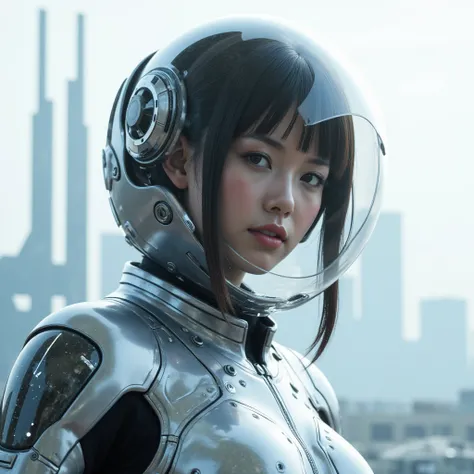 One Japanese woman wearing a translucent mechanical spacesuit、A Japanese woman wearing a translucent mechanical spacesuit over a 、A womans upper body is visible 