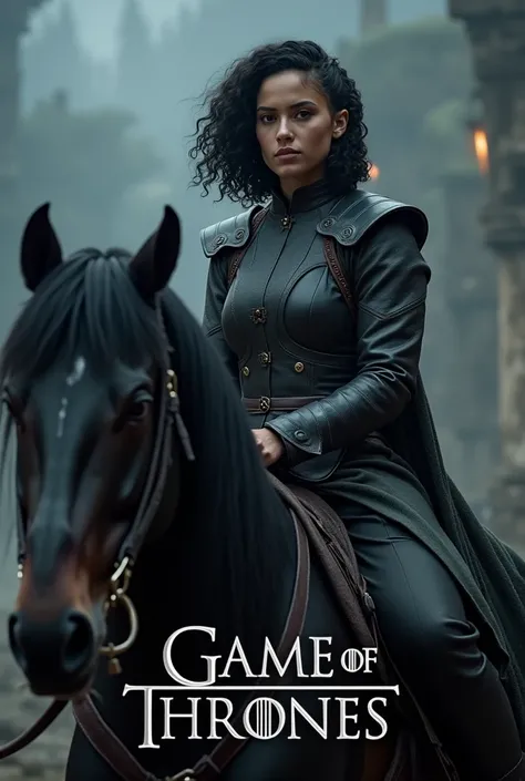 Game of Thrones, Dark complected Female with Shoulder length black curly Shaved on the sides wearing Game of Thrones clothing on a horse with dark fantasy color and Silver Title that Reads Game of Thrones 