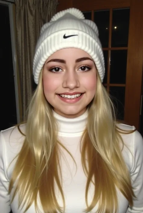 person with long blond hair , wearing a white Nike winter hat with a leather band at the bottom.  She is dressed in a white turtleneck sweater .  The background appears to be an interior with curtains and a wooden door .  The lighting is dim ,  which gives...