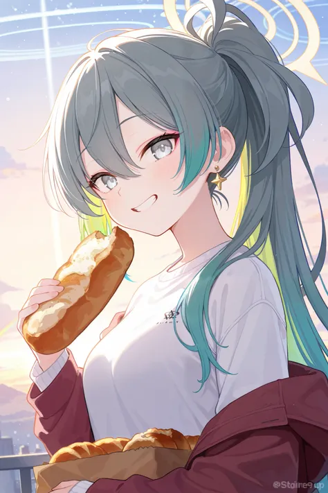 Blue archive styles, a girl in rainbow hair and white eyes, cheerful, hold bread, eating bread, twintails, medium breast, rainbow hair, earrings, pink eyeshadow, High Resolution, one ponytail, casual outift, grin, blue archive, one long ponytail, sunrise, ...