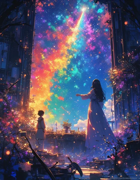 Ah, lets decorate your window with a bouquet of light spectrums

This dream of mine that Im still watching
Gently hold it in the palm of my hand
Lets spill it into your small sky as you wander through the night

Collect the brightly shining rainbow flowers...