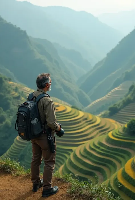 A handsome man, who works as a photographer, is standing on a hill, below which there are very beautiful terraced rice fields, the size of this image is a ratio of 9:16.