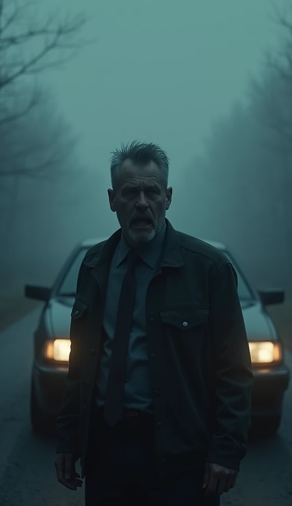 A man standing beside his car in a dark and foggy road, his face pale with fear.