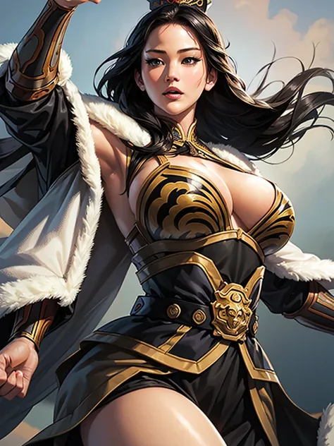  Koei Three Kingdoms Style, 1 woman, Jennifer Lawrence face,  sexy expression ,  huge boobs ,  wide hips ,  thick thighs, , slender waist ,  looks at the front,  long black hair ,  black hair , I can see the forehead,  dark eyed,  Chinese white general arm...