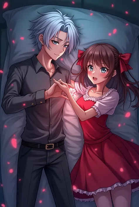 Anime Main Character With White Haired And Grey Eyes Injured In Accident And In Near Death Condition, A Beautiful Girl In Red Dress With Glowing Aura Is Near Him Streching His Hands Towards Him Anime Style