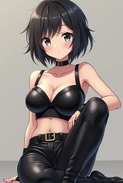 Anime tomboy with black short hair in a black leather pants with belt and boots posing for a picture. Short hair. Tomboy. Leather bra. Light skin. Shiny leather pants with belt. Leather boots. Kino no tabi.