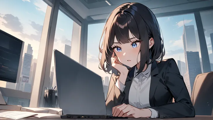 The image shows a digital anime-style female character, An Nhiên, sitting at a modern office on the 25th floor of a luxury apartment building with floor-to-ceiling windows showing a city skyline in the background. She is focused, looking intently at her la...