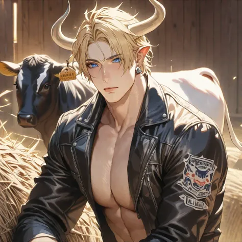 alone, handsome,Watercolor, 
1. male,
black and white mixed hair,Beautiful man、Wearing a turtleneck sweater、handsome male, cow, two pointy horns, cattle ear tag, heavy muscular build, light brown short messy fringe, ((best quality)), ((masterpiece)), (deta...