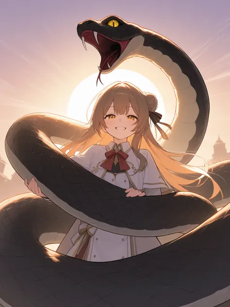 Girl riding giant snake, smile, girl, snake