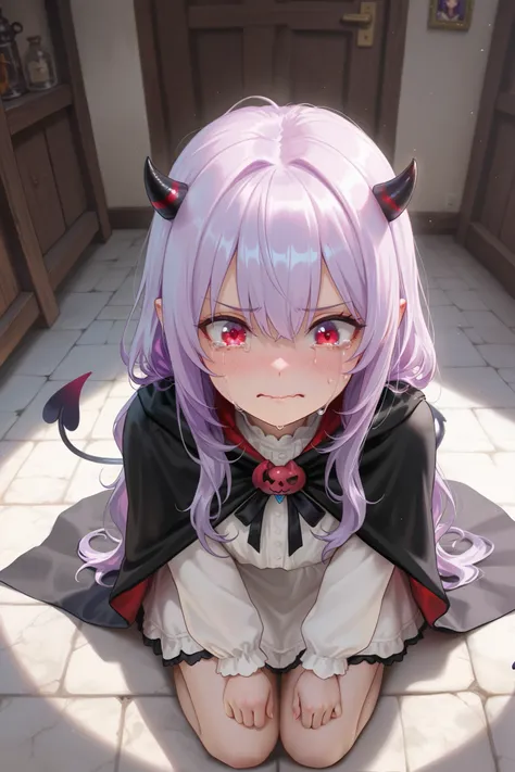 masterpiece, best quality, Detailed Eyes, girl, fantasy, long purple hair, kawaii, tsundere, red eye, tiny black horns, clumsy, cutie face, semi realistic, 8k, black cape, small demon tail, white blouse, tear, crying, sad face, kneeling, solo charactor