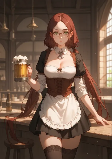 score_9, score_8_up, score_7_up, (solo), dark burgundy hair, green eyes, oval glasses, long hair, forehead, waitress, medieval setting, (long low hair tails), medium breasts, ((expensive clothes)), mini skirt, black stockings, cleavage, beer 
