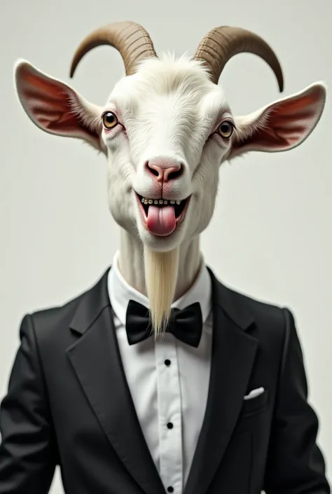 A white goat with braces sticking out his tongue in a gala suit