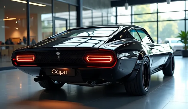 "A sleek and futuristic 1969 Ford Capri viewed from the side, featuring sharp LED taillights, a bold black grille with intricate detailing, and a glossy black finish. The car is displayed in a modern indoor showroom with large glass panels reflecting natur...