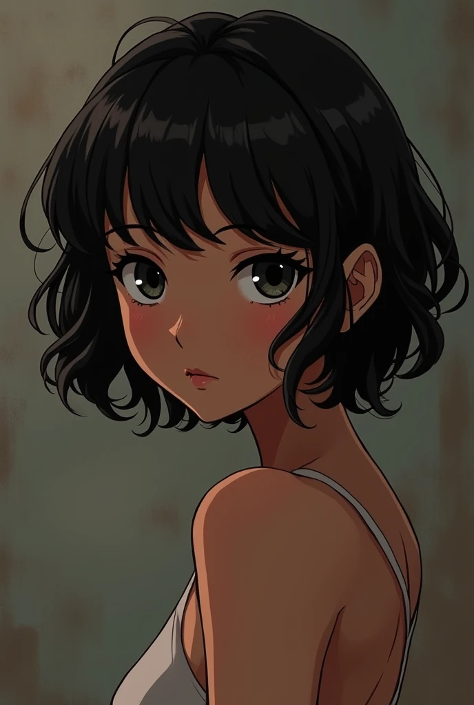 Anime girl ,dark skin and short curly parted hair 