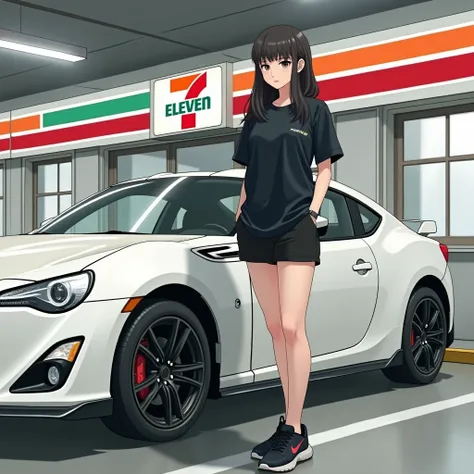 The image shows a young Japanese woman standing next to a white sports car in a parking garage. She is wearing a black t-shirt, black shorts, and black sneakers. She has long dark hair and is looking off to the side with a serious expression on her face. T...