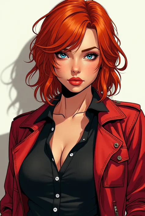 comic: Sexy red-haired  (orange)  aged 27 with medium long disheveled hair ,  with blue eyes ,  ripped man with slight dark circles ,  dressed in a red jacket and a black shirt with white buttons 