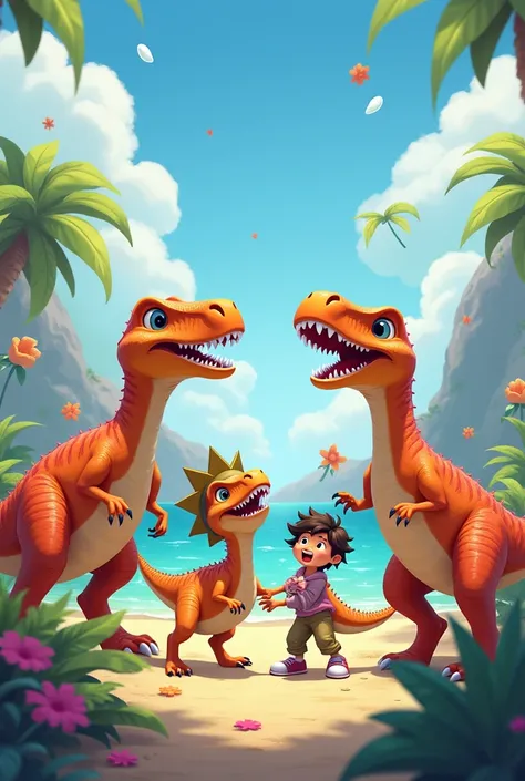 Dinosaurs playing with happy ren 

