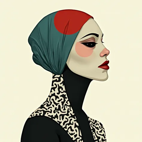 ```
[Profile portrait of a stylized female figure. Her face is composed of geometric shape and texture, with a single dark eye visible. She wears a teal and red head covering, the red portion a perfect circle. Her neck and shoulders are draped in black, tr...