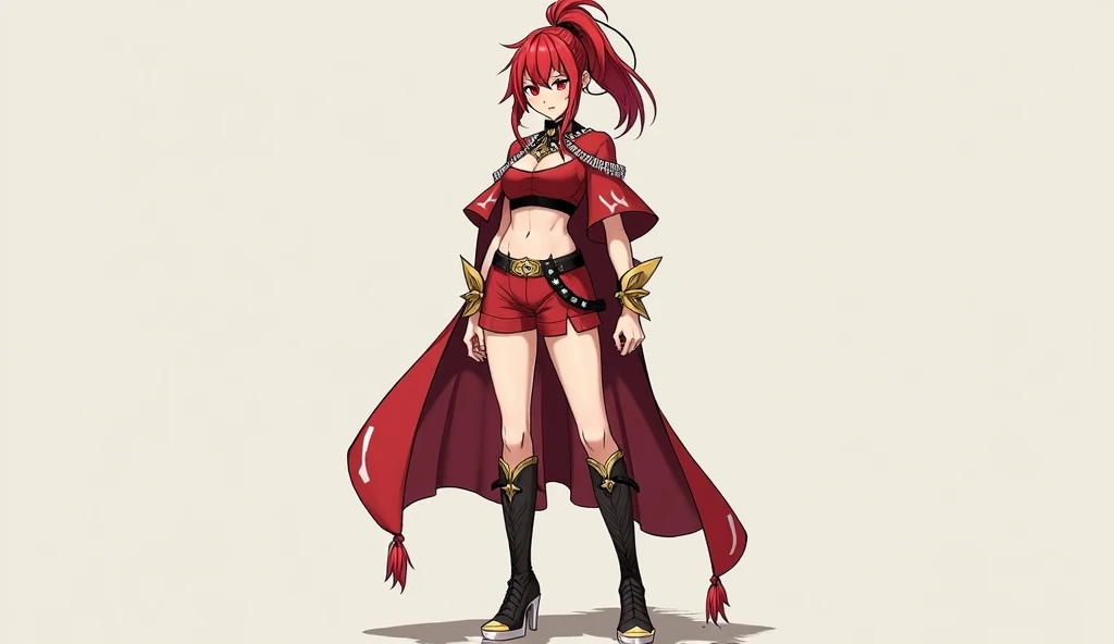 Genshin Impact Style.  Full-length tall woman .  She has red hair up to the waist ,  ponytail . Strands on the sides .  The first eye is covered with a black bandage . left eye is red.  She is wearing a red top with white patterns ,  black belt belts ,  re...