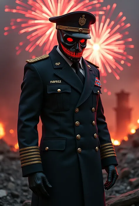  Man wearing a macabre black mask with a bright red mouth and eyes, dressed as a ship captain wearing a brief with the initials MARÉOZZ , wearing a generals hat with the initials CMD in the center ,  RUINED BACKGROUND ON FIRE , On a night with fireworks .